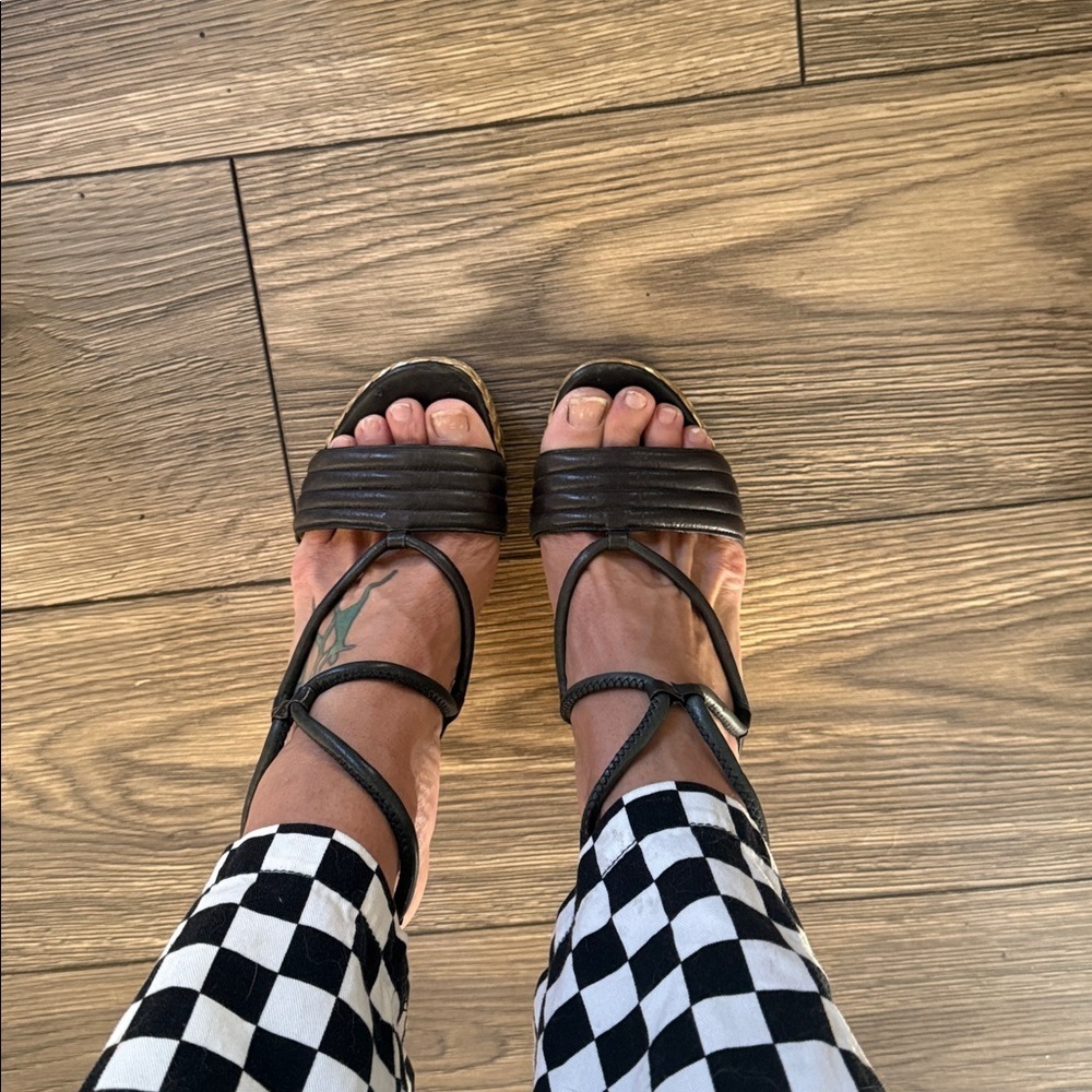 Coach Black Leather Wedge Sandals with Braided Espadrille